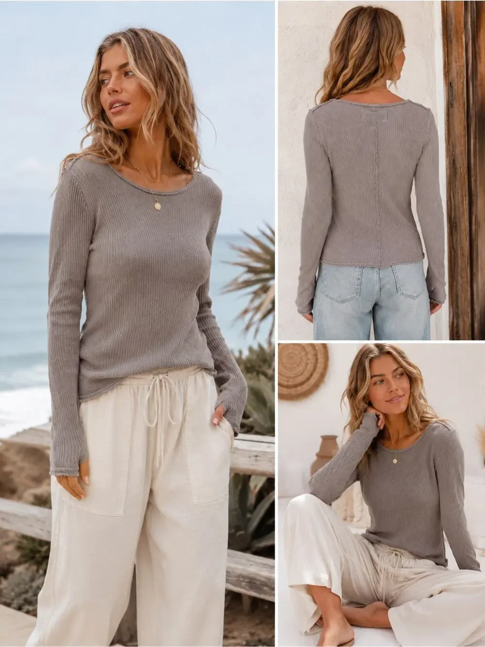 Free People We The Free Waffle Knit Thermal Top Taupe Minimalist Boho Coastal T